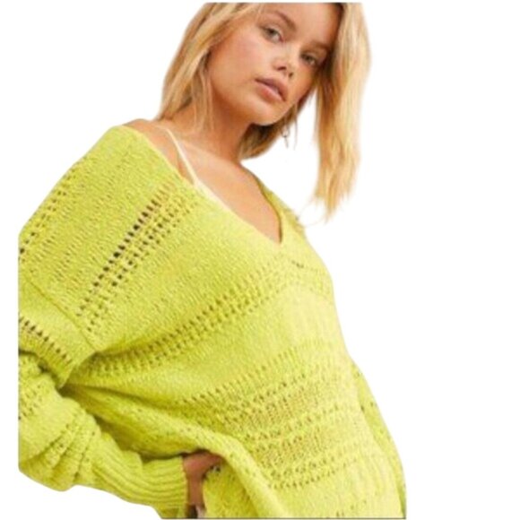Free People Hot Tropics V-neck Open Knit Tunic Sweater Limelight Combo Size M - Picture 5 of 13